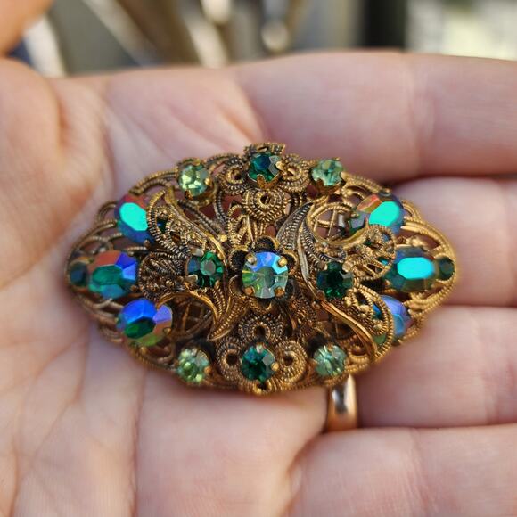 Vtg Made Germany Brooch Green Glass AB Rhinestone Gold Tone Filigree Pre 1949 - Picture 10 of 12
